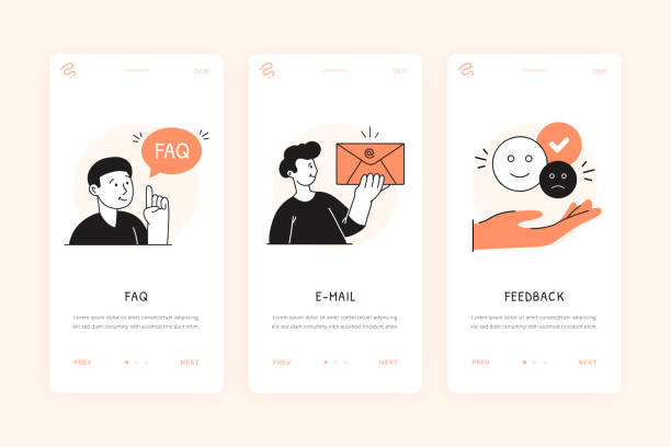 Contact Us Illustration for Onboarding Mobile Phone Screen Template FAQ, E-Mail, Feedback Cartoon Style Vector Illustrations for User Onboarding Mobile Phone Screen Template positive negative slide stock illustrations
