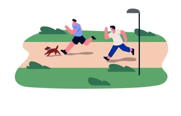 Vector illustration of Men and dog running in park. People and doggy jogging outdoors in summer. Runners, pet owners training in nature. Guys during cardio workout. Flat vector illustration isolated on white background