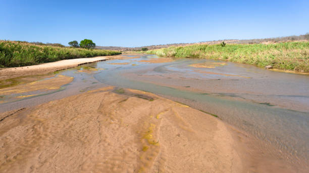 River Sandbanks Scenic Wilderness Landscape Bridge crossing over looking wide river close-up during winter with low water flowing and sandbanks exposed in rural wildlife wilderness landscape. low viewing point stock pictures, royalty-free photos & images