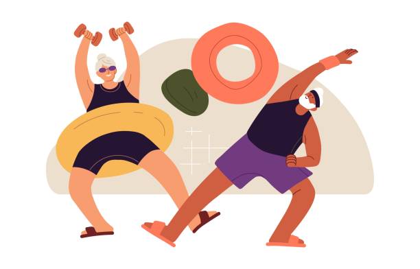 ilustrações de stock, clip art, desenhos animados e ícones de old people exercising. senior man and woman during sport activity, fitness. elderly couple training together. happy healthy aged characters. flat vector illustration isolated on white background - action vitality people cheerful