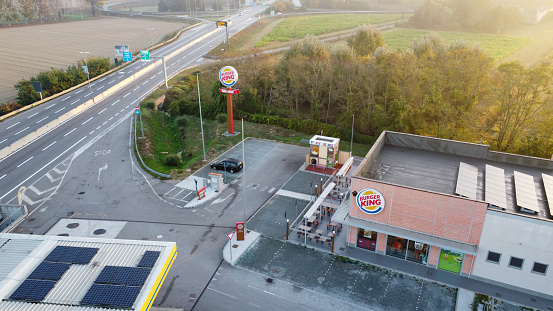 Cremona, Italy - October 2022 Aerial view of Burger King restaurant