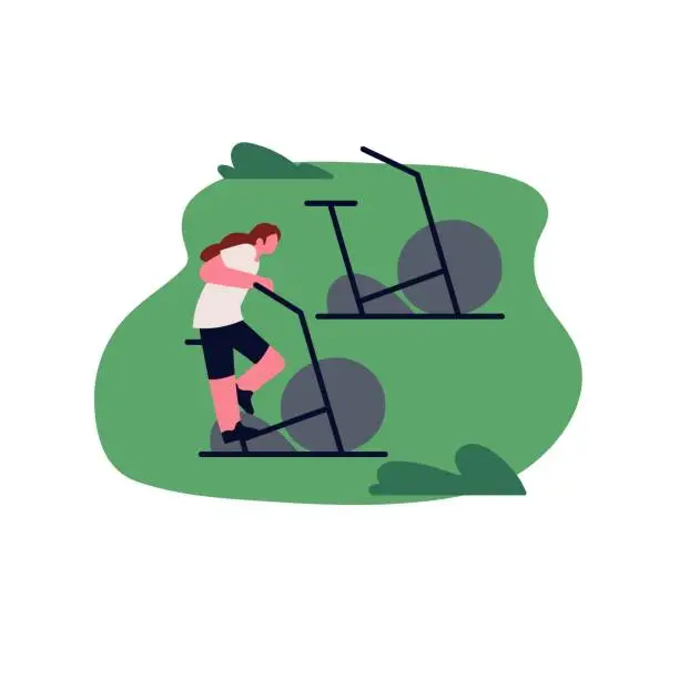 Vector illustration of Person exercising on outdoor treadmill at workout ground, park. Woman cycling on stationary bicycle, bike equipment, training in nature in summer. Flat vector illustration isolated on white background