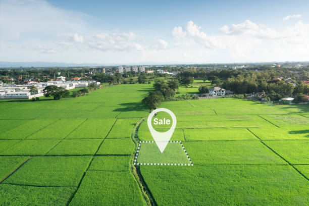 istock Land plot in aerial view with concept for sale. 1438327646