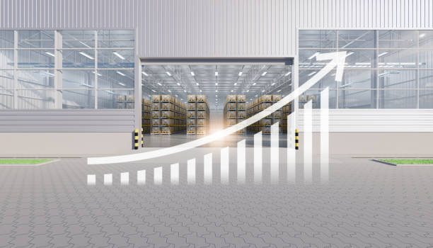 istock 3d rendering of warehouse with increase concept. 1438327714