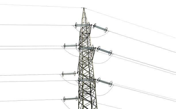 istock High voltage tower - Power Line Isolated on White Background 1438327738