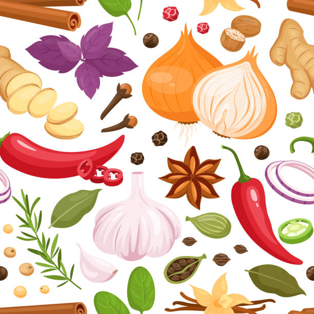 przyprawy i zioła bez szwu wzór - onion vegetable leaf spice stock illustrations