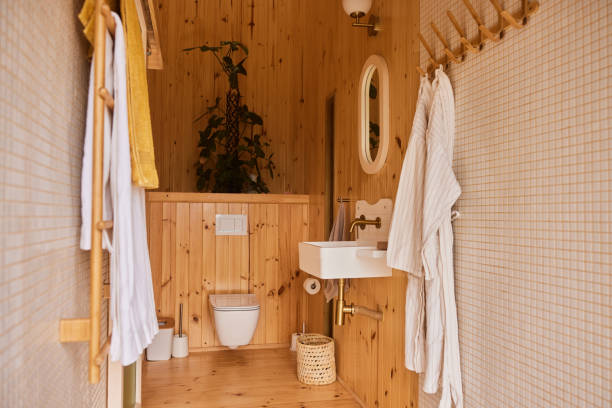 istock Interior of a comfortable wood and tile bathroom 1438329875