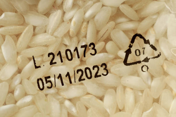 Close-up of expiration date on white rice packaging stock photo