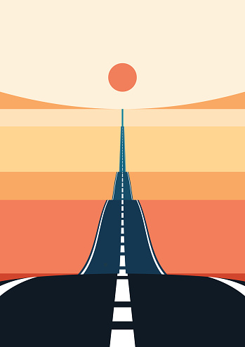 Very long highway going trough a desert to a distant horizon. Long road illustration which symbolises new discoveries and journeys. Landscape with orange and golden sand, and a sunset. Vector.