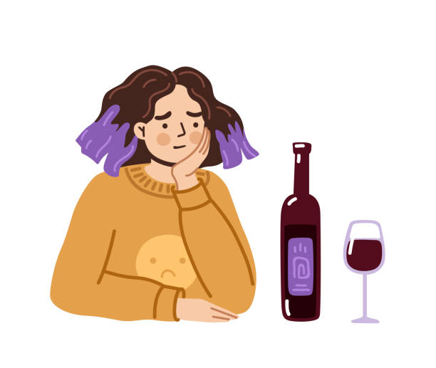 betrunkene frau sitzt mit einer flasche wein und glas am tisch. traurige depressive frau, die alkohol trinkt. alkoholismus, drogenmissbrauch, sucht und depression. - alcoholism drunk hangover grief stock-grafiken, -clipart, -cartoons und -symbole