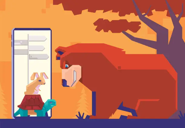 Vector illustration of bear meeting rabbit and tortoise on smartphone
