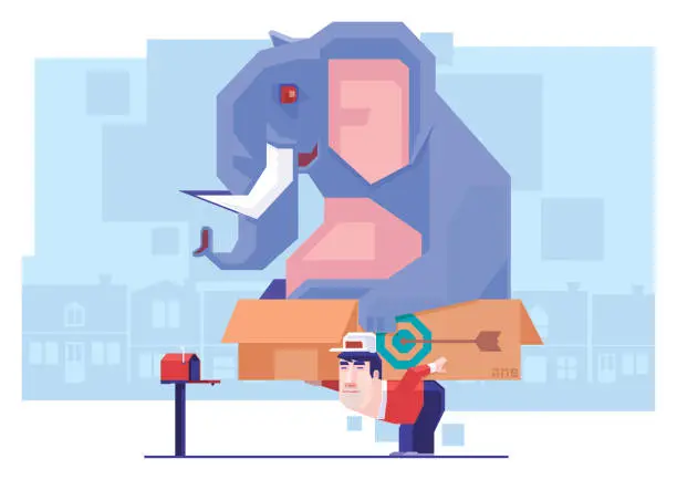 Vector illustration of courier carrying carton of elephant