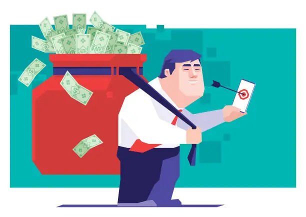 Vector illustration of businessman carrying sack of money notes and looking at smartphone