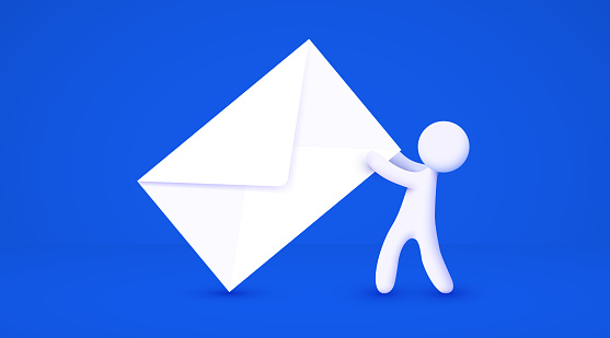 3d white cartoon man holding big envelope. Mailing list concept. Isolated blue background. Vector illustration