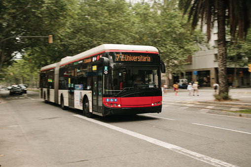 A red city bus in motion