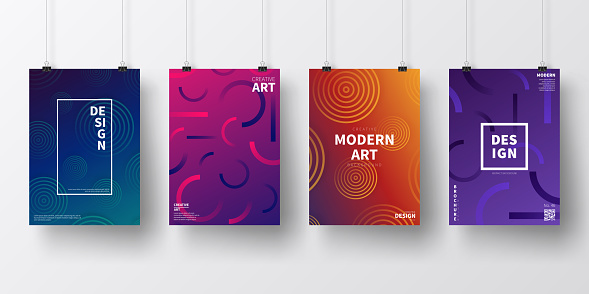 Four realistic posters in vertical position with modern and trendy backgrounds, isolated on white wall. Abstract colorful illustrations. Circles and circular shapes with beautiful color gradients (colors used: Red, Purple, Pink, Orange, Green, Brown, Blue, Black). Template for your own design, with space for your text. The layers are named to facilitate your customization. Vector Illustration (EPS10, well layered and grouped), wide format (2:1). Easy to edit, manipulate, resize and colorize.