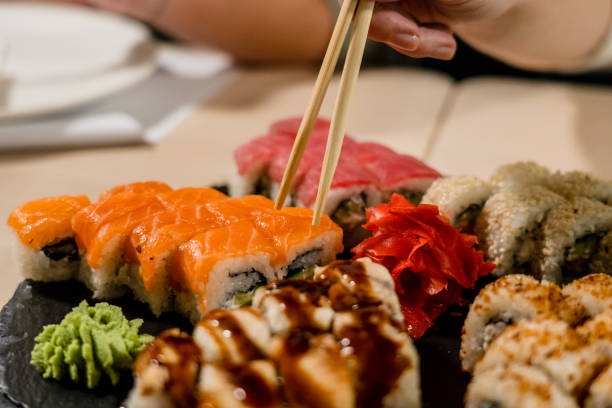 istock Set of fresh sushi rolls. Japanese seafood 1438338090