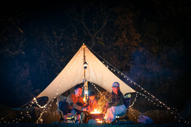 família sentada ao fogo do acampamento à noite - bonfire people campfire men - fotografias e filmes do acervo