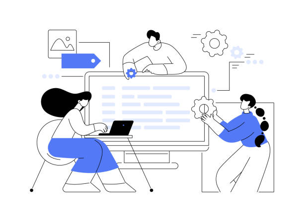 Software development team abstract concept vector illustration. Software development team abstract concept vector illustration. Remote teamwork, digital team on demand, professional, certified software developer, hire outsource company abstract metaphor. computer programmer stock illustrations