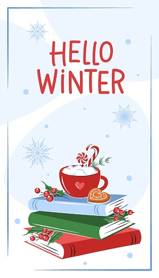 Hello winter. Card with books and with christmas decor. Vector illustration for a New Year and Christmas background