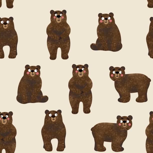 Bear pattern Seamless pattern with cute textured teddy bears. Set of brown funny animals in different poses. Flat illustration on light beige background. Great for fabric print, textiles and wallpaper. drop bear stock illustrations