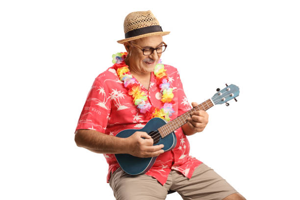 istock Marture man with flower chain around neck playing ukulele 1438339896