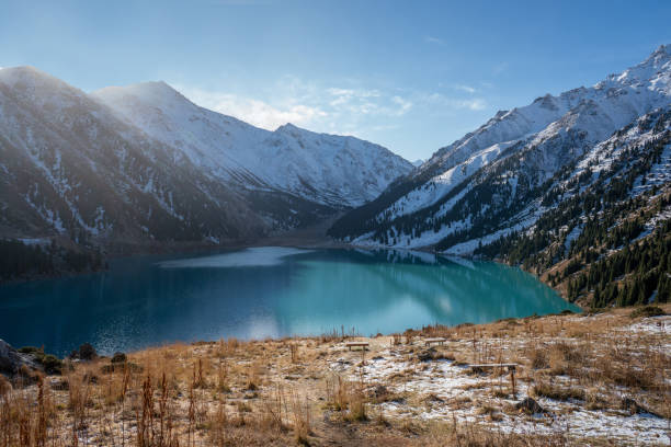 istock Beautiful turquoise lake surrounded by snowy mountains on a sunny day 1438340598