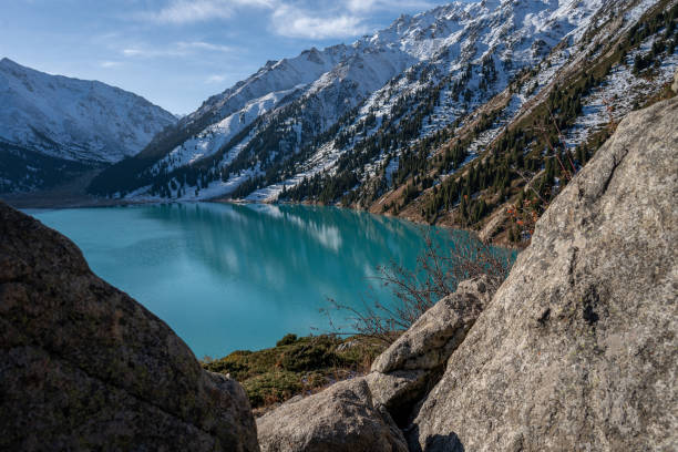 istock Turquoise lake surrounded by snowy mountains on a sunny day 1438340612