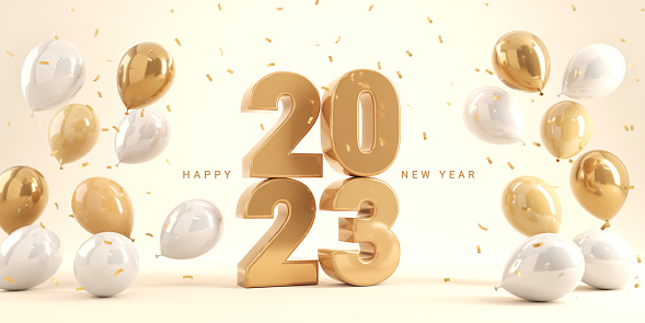 Gold and white 2023 3d text Happy New Year with balloons and falling shiny confetti on yellow background, 3d render.
