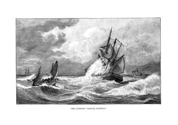 ilustraciones, imágenes clip art, dibujos animados e iconos de stock de 19th c grabando el bote salvavidas samuel plimsoll que va a rescatar un velero; el libro del bote salvavidas 1894 - storm sailing ship sea shipwreck