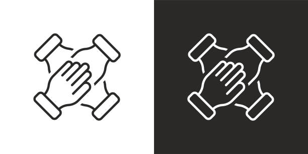 4 руки, держащие вместе иконку - партнёрство stock illustrations