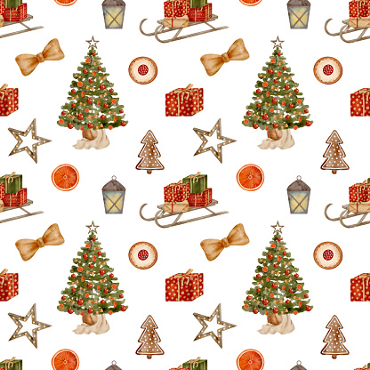 Watercolor Christmas seamless pattern. Hand drawn decorated Christmas tree, wood sledge with gift boxes, lantern, cookies isolated on white background. Festive New Year holiday decorations design