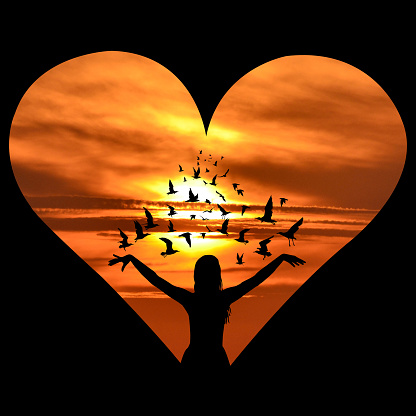 Heart shape with woman silhouette with birds flying around her over a sunset