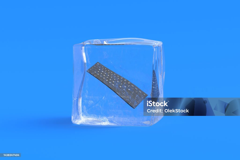 Keyboard in ice cube. 3d illustration Computer Stock Photo