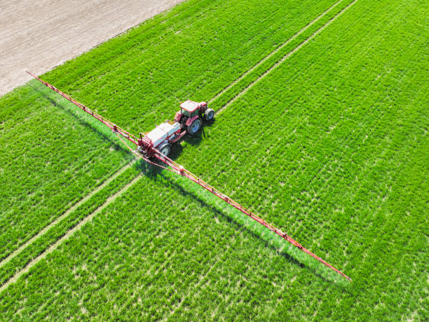 istock Tractor with an agriculutural crops sprayer from above 1438348235