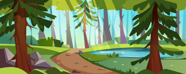 kreskówkowy krajobraz leśny ze stawem, drzewami i ścieżką z kamieniami - fantasy sunbeam backgrounds summer stock illustrations