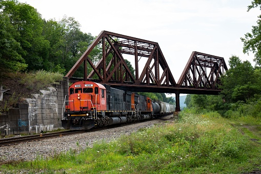 Salamanca, United States – August 19, 2019: An Alco C430 runs on the Western New York & Pennsylvania railroad