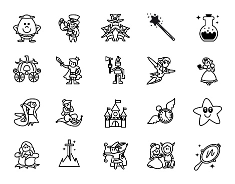 Fairy tales icons set. Set of Fantasy Related Vector Line Icons. Set of 20 minimal fable icons.