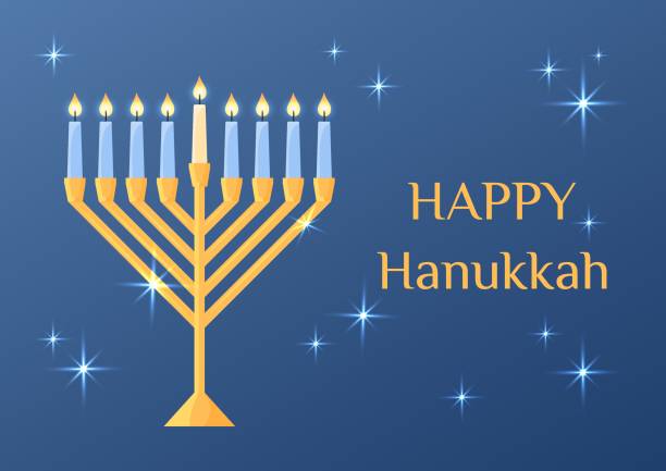 ilustrações de stock, clip art, desenhos animados e ícones de happy hanukkah greeting card. vector illustration with traditional jewish religious holiday symbol. shiny chanukiah candle holder. menorah with burning candles - menorah judaism candlestick holder candle