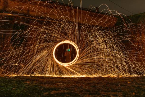 istock Unknown person with a dead face icon making a steel wool effect with light sparks 1438352180