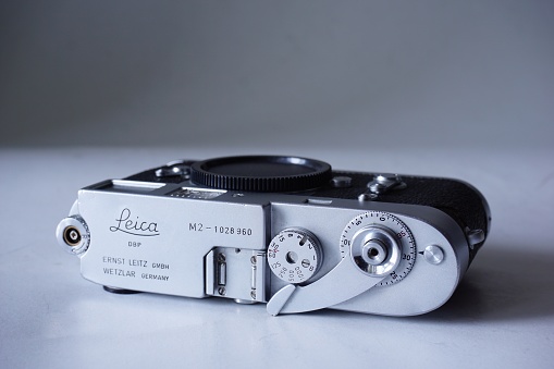 Bucuresti, Romania – March 15, 2020: old vintage chrome silver Leica M2 M3 film camera