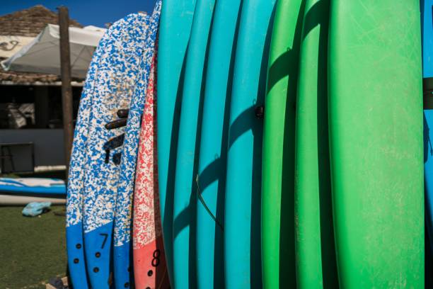 istock View of colorful surfing boards stacked under the sunlight 1438353854