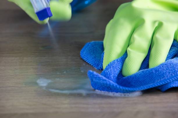 istock Maid with rubber gloves cleaning the table with a microfiber cloth and sterilizing spray bottle 1438353925