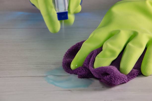istock Maid with rubber gloves cleaning the table with a microfiber cloth and sterilizing spray bottle 1438353949