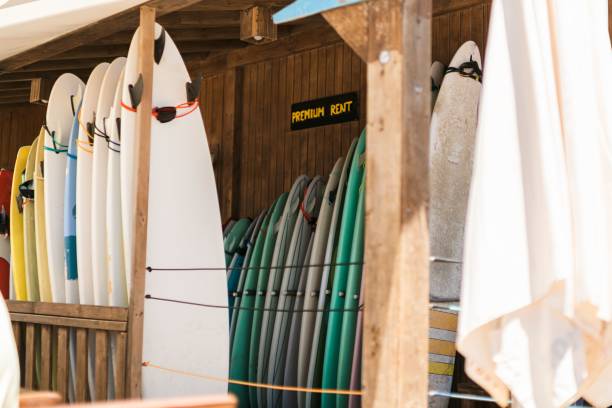 istock Colorful surfboards under wooden pavilion 1438355068