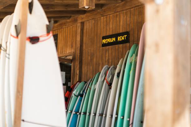 istock Colorful surfboards under wooden pavilion 1438355070