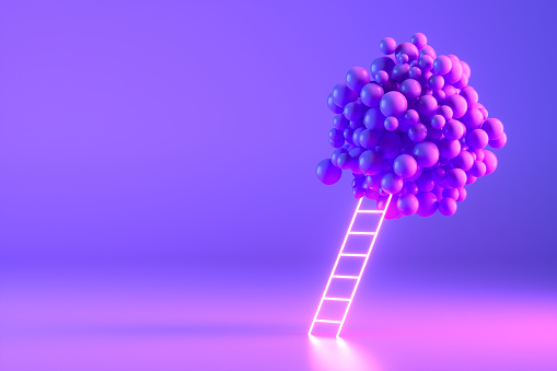 Neon Light Staircase on Purple Background. Ladder of Success Futuristic concept.