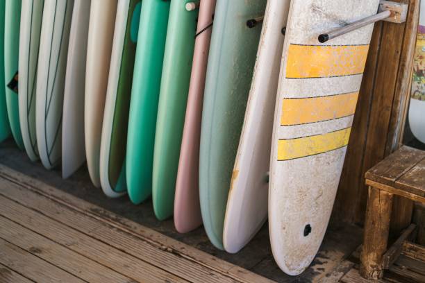 istock Colorful surfboards under wooden pavilion 1438355075