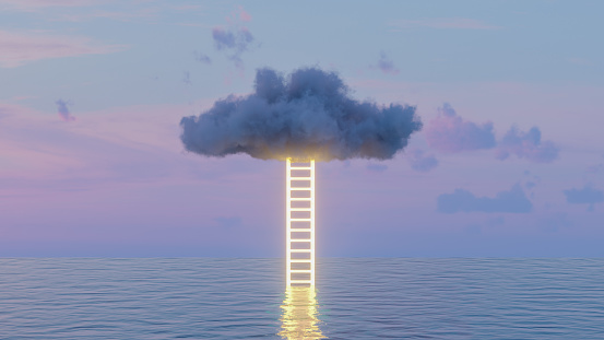 Neon Lighting Staircase to Clouds over Sea, Ladder of Success concept.