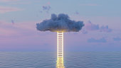 Neon Lighting Staircase to Clouds over Sea